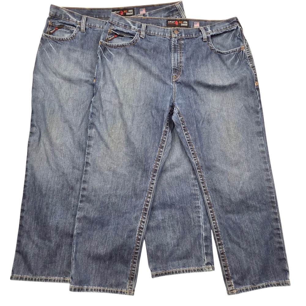 Lot of 2 Ariat M3 Loose Straight‎ FR Flame Resistant Work Jeans Blue Mens 44x30